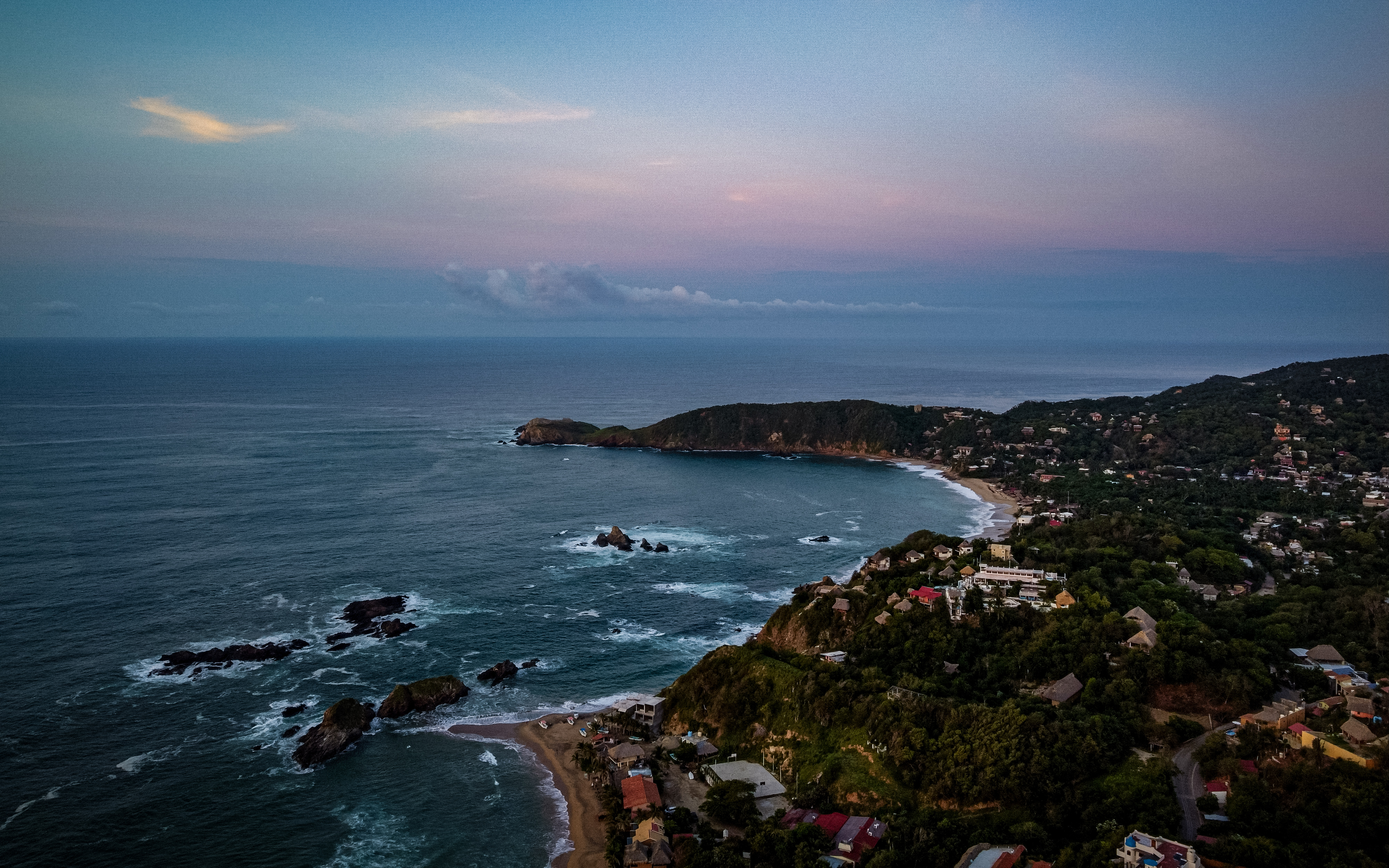 Aerial view of a coastal town at dusk, Mexico